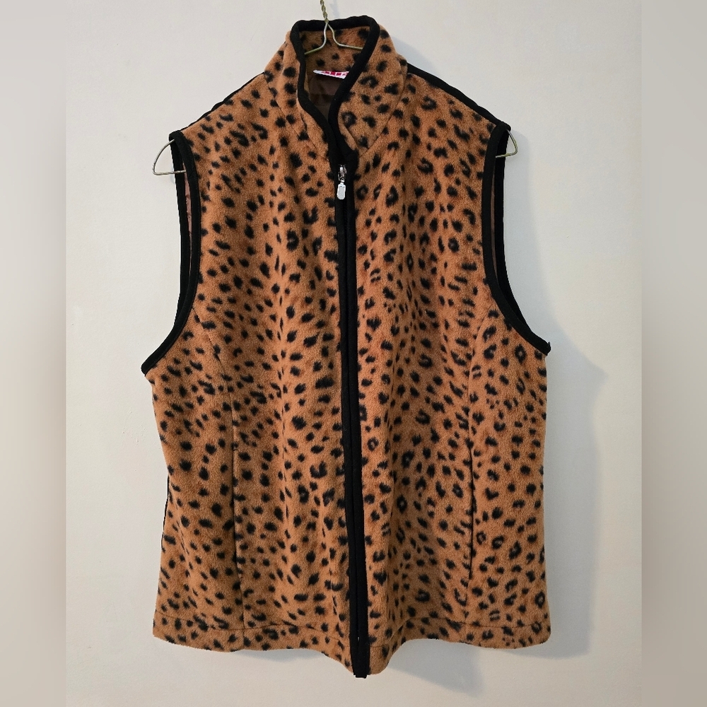 Alia Sport Leopard Print Fleece Vest Brown Black Medium